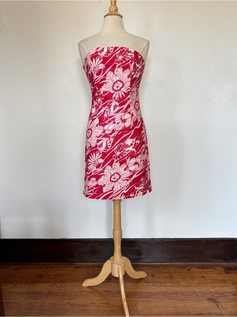 Vintage 90s Y2K Express Strapless Red & White Floral Sheath Dress
